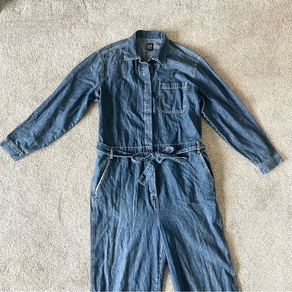 Gap Utility Blue Denim Carwash Romper Jumpsuit 16Tall Wide Leg Tie Belt NEW! - Picture 6 of 7